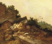 A rocky landscape with two peasants conversing near classical ruins Jacobus Mancadan